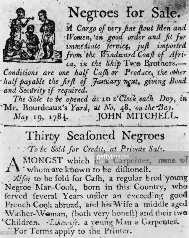 Two advertisements in a colonial broadside newspaper: one for a cargo of slaves just imported from Africa on the ship Two Brothers, and one for 'Thirty Seasoned Negroes', including a carpenter, a cook and the cook's family