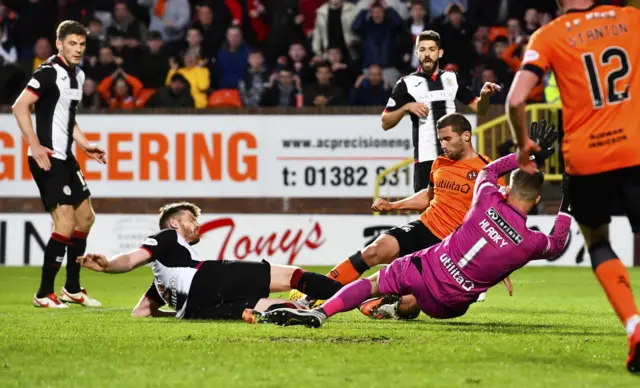 St Mirren's Gary MacKenzie clears from Pavol Safranko