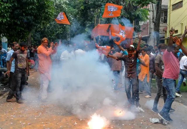 Supporters of Bharatiya Janata Party (BJP) celebrate