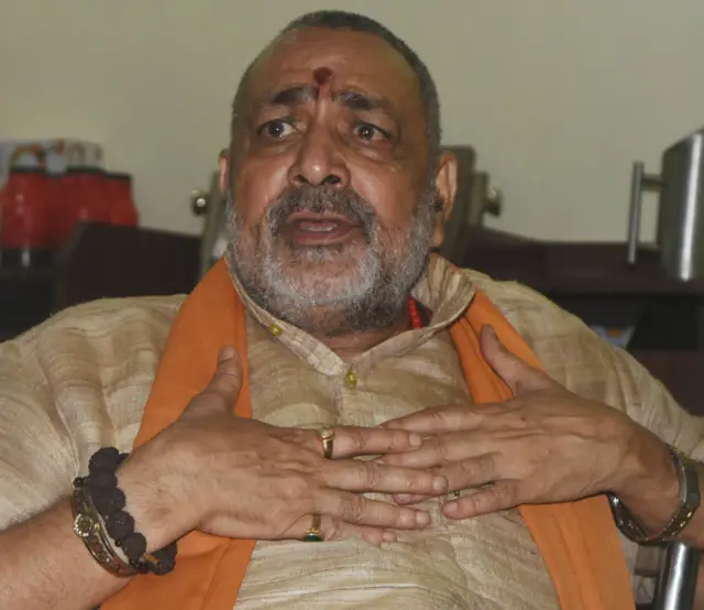 Union minister and BJP candidate from Begusarai Giriraj Singh seen at his party office in March.