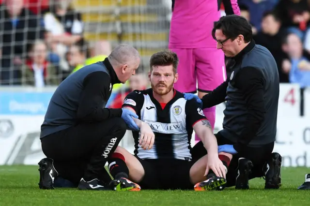 St Mirren's Gary MacKenzie is left dazed against Hamilton