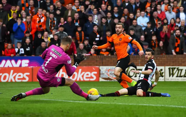 Paul McMullan's shot is saved by Vaclav Hladky