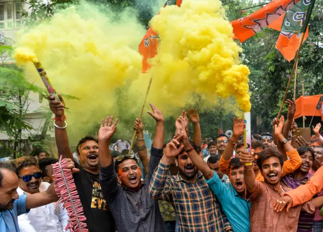 Supporters of Bharatiya Janata Party (BJP) celebrate