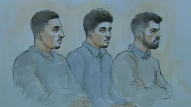 Court artist's impression of Ayad Abdulla Hizam, Ghamer Sulayman and Saleh Qasem