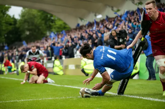 James Lowe scores one of Leinster's two tries in their 24-9 semi-final win over Munster