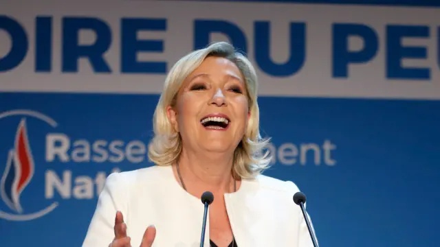 French far-Right National Rally (RN- Rassemblement National) political party leader, Marine Le Pen makes a statement