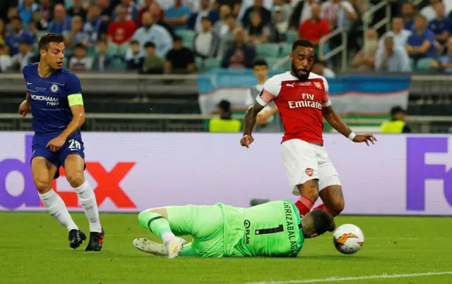 Arsenal"s Alexandre Lacazette goes down in the penalty area under a challenge from Chelsea"s Kepa Arrizabalaga