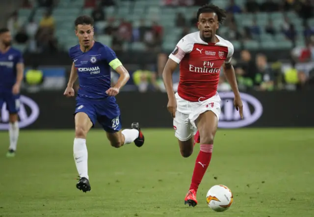 Alex Iwobi (R) of Arsenal in action during the UEFA Europa League final between Chelsea FC and Arsenal FC