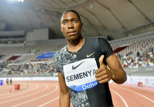 Caster Semenya of South Africa celebrates after winning the women"s 800m race during the IAAF Diamond League athletics meeting in Doha, Qatar, 03 May 2019.