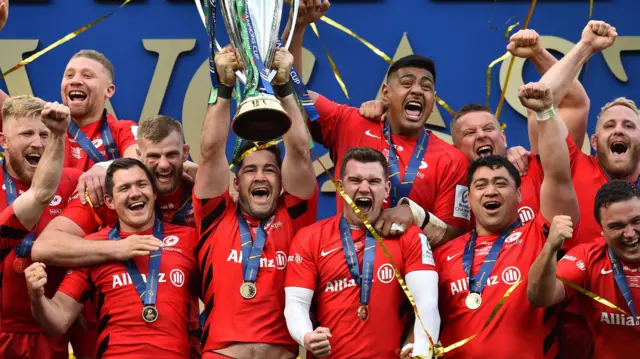 Sarcens captain Brad Barritt lifts the European Champions Cup