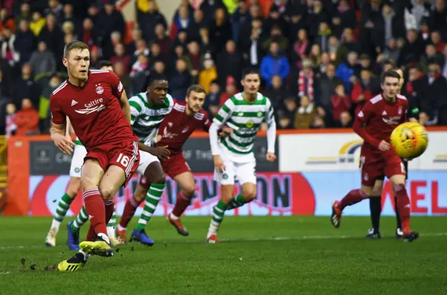 Sam Cosgrove scores from the penalty spot against Celtic