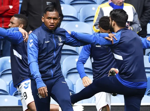 Alfredo Morelos warming up before kick off at Ibrox