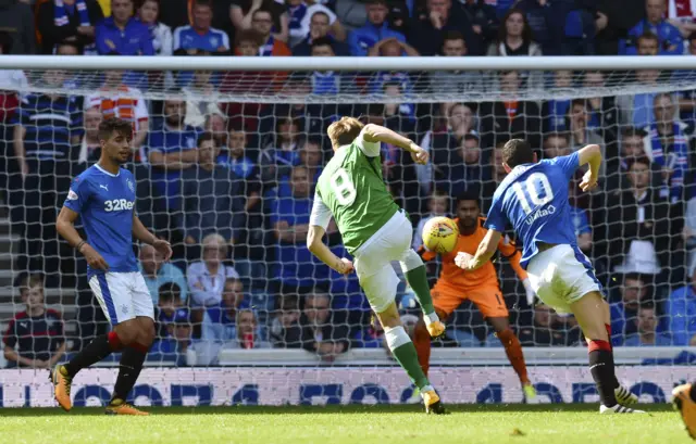 Vykintas Slivka scored Hibs' third goal in a 3-2 win at Ibrox last season