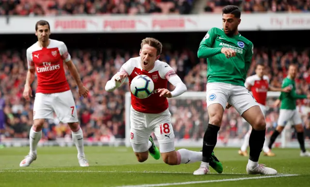 Brighton's Alireza Jahanbakhsh fouls Arsenal's Nacho Monreal to give away a penalty