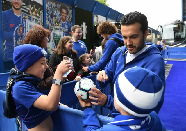 Pedro with fans outside Stamford Bridge