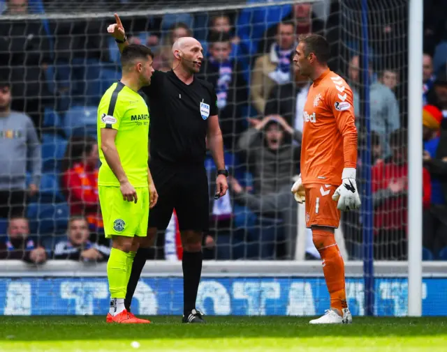 Rangers goalkeeper Allan McGregor is sent packing by referee Bobby Madden
