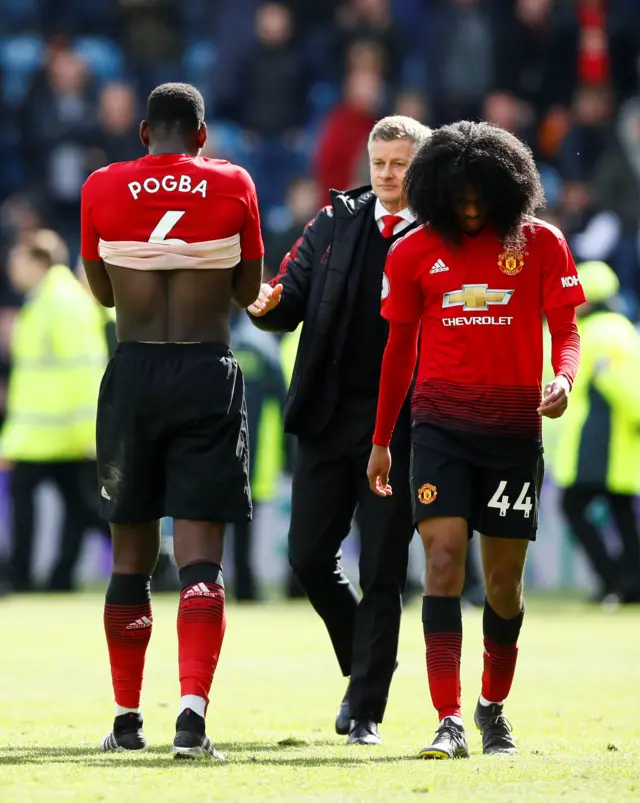 Paul Pogba, Ole Gunnar Solskjaer and Tahith Chong