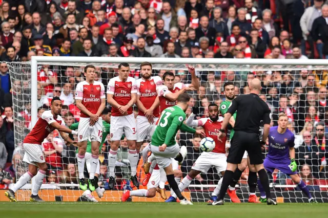 Pascal Gross hits a free-kick against the Arsenal wall