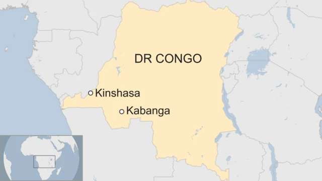 A map showing the location of the city of Kabanga in relation to the capital, Kinshasa.