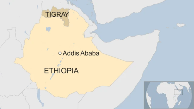 A map of Ethiopia showing the location of Tigray region in relation to the capital