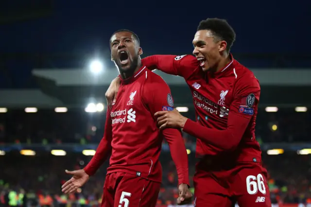 Wijnaldum and Alexander-Arnold celebrate