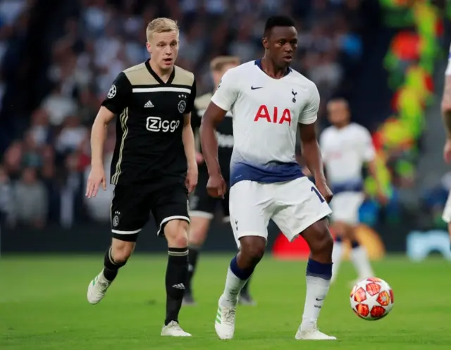 Tottenham"s Victor Wanyama in action with Ajax"s Donny van de Beek Action at the Tottenham Hotspur Stadium, London, Britain - April 30, 2019