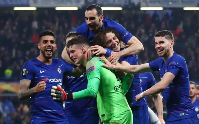 Kepa celebrates with the Chelsea players