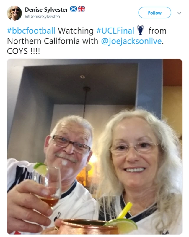 Denise Sylvester tweets: Watching #UCLFinal from Northern California with @joejacksonlive.  COYS !