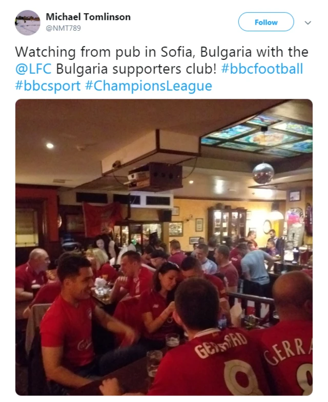 Michael Tomlinson tweets: Watching from pub in Sofia, Bulgaria with the @LFC Bulgaria supporters club!