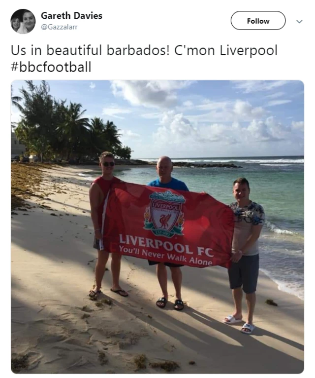 Gareth Davies tweets: Us in beautiful barbados! C'mon Liverpool