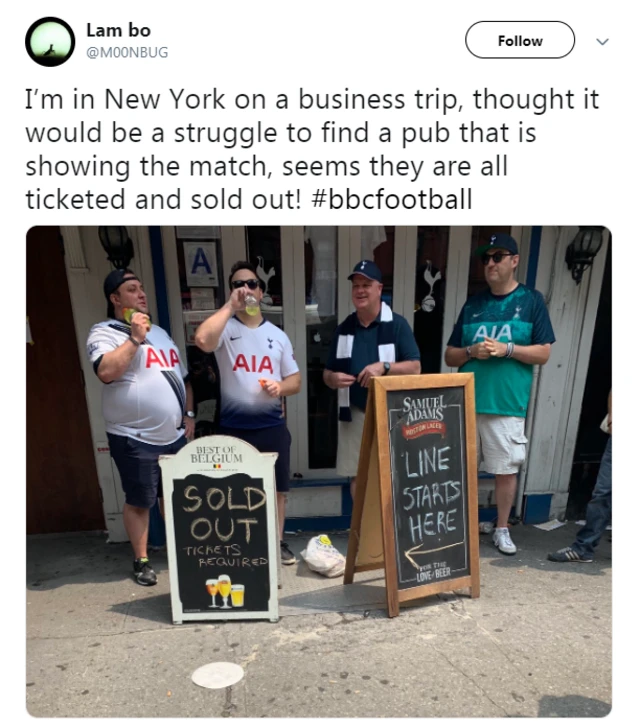 Lam bo tweets: I’m in New York on a business trip, thought it would be a struggle to find a pub that is showing the match, seems they are all ticketed and sold out!