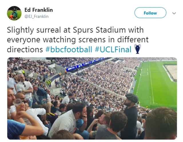 Ed Franklin tweets: Slightly surreal at Spurs Stadium with everyone watching screens in different directions