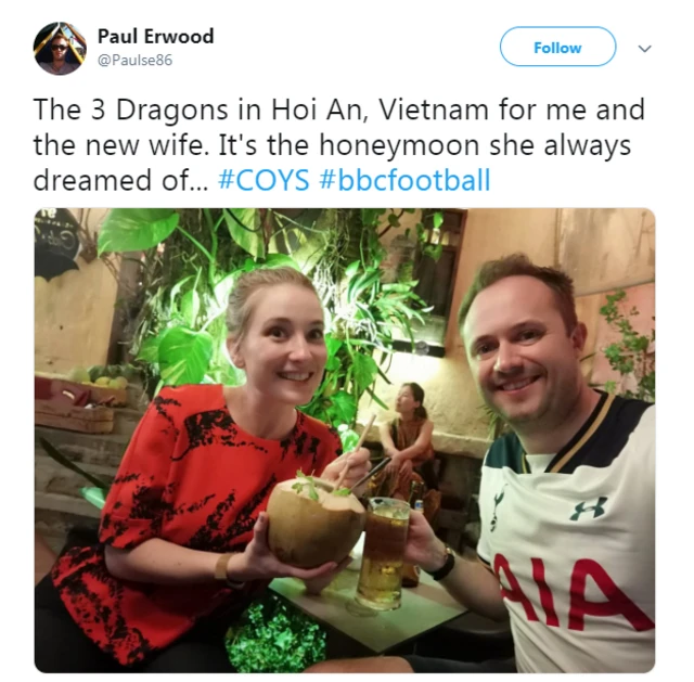 Paul Erwood tweets: The 3 Dragons in Hoi An, Vietnam for me and the new wife. It's the honeymoon she always dreamed of...