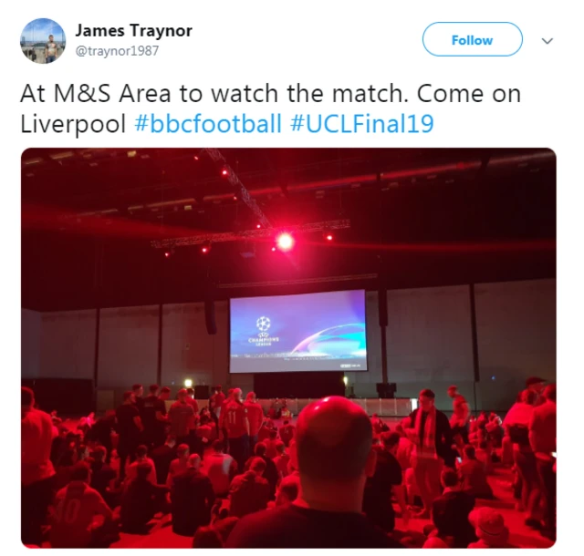 James Traynor tweets: At M&S Area to watch the match. Come on Liverpool