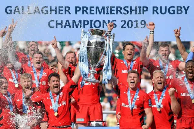 Saracens lift the Premiership trophy