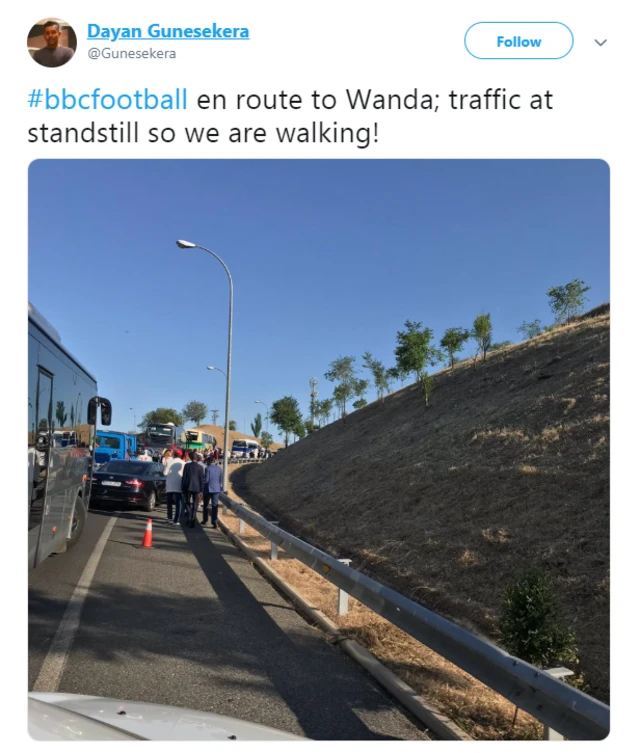 Dayan Gunesekera tweets: en route to Wanda; traffic at standstill so we are walking!