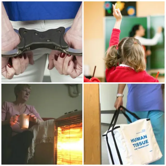 Women in handcuffs, pupil with hand in the air, human tissue carrier, women next to heater