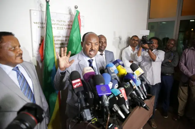 Ethiopia's special envoy to Sudan, Mohamoud Dirir, speaking at a press conference in Khartoum