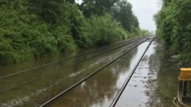 Railway lines covered in floodwater