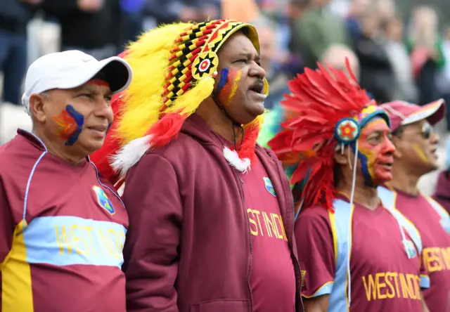 West Indies fans sing the national anthem during the Group Stage match of the ICC Cricket World Cup 2019 between England and West Indies