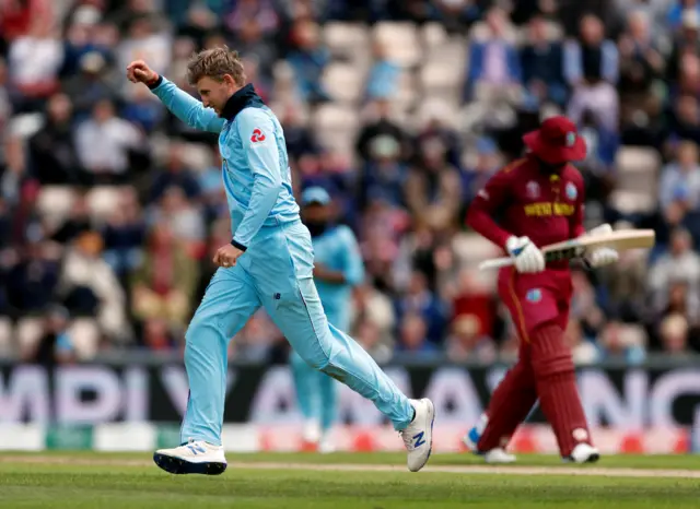 Joe Root celebrates catching West Indies Shimron Hetmyer