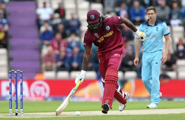 Chris Gayle gets a run during the ICC Cricket World Cup group stage match at the Hampshire Bowl, Southampton