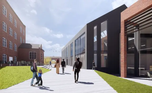 View of the Boden Mill site looking towards the listed archway