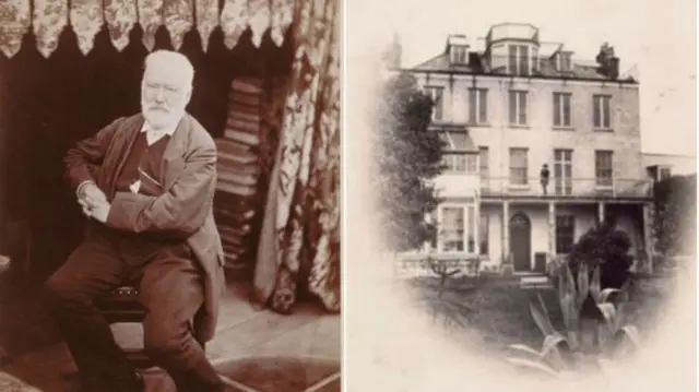 Victor Hugo in his writing room, and on the balcony of his Guernsey home in 1868