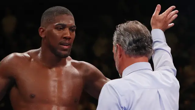 Anthony Joshua is stopped by the referee