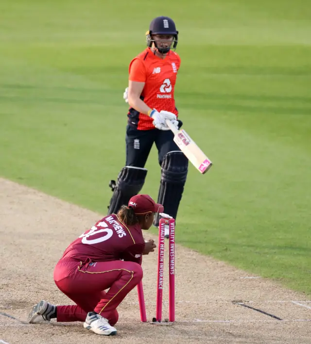 England's Heather Knight is run out by West Indies' Hayley Matthews