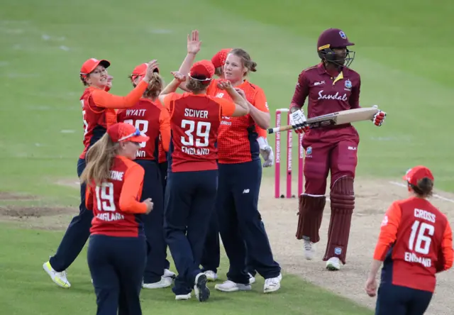 England's Anya Shrubsole celebrates taking the wicket of West Indies' Britney Cooper