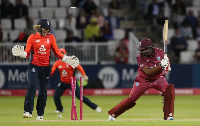 West Indies Natasha McLean is bowled by England's Katherine Brunt