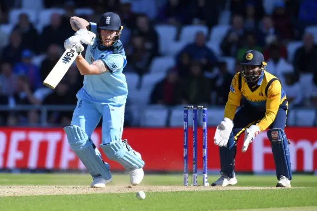 Ben Stokes watches the ball after playing a shot during the 2019 Cricket World Cup group stage match between England and Sri Lanka