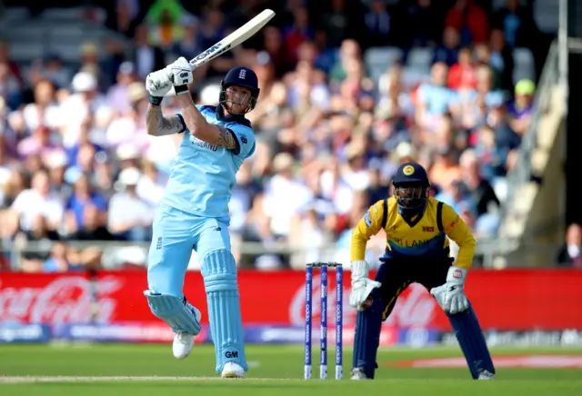 Ben Stokes hits a six during the ICC Cricket World Cup group stage match at Headingley, Leeds